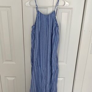 Blue Linen Striped Spaghetti Strap Maxi Dress